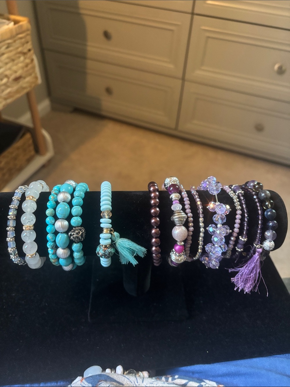 Beaded stretchy Bracelets Stack with Turquoise & Purple Accents  15 total